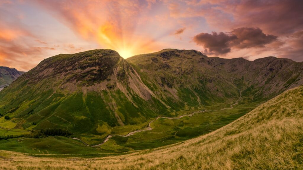 The Lake District, mountains, valley, sunset